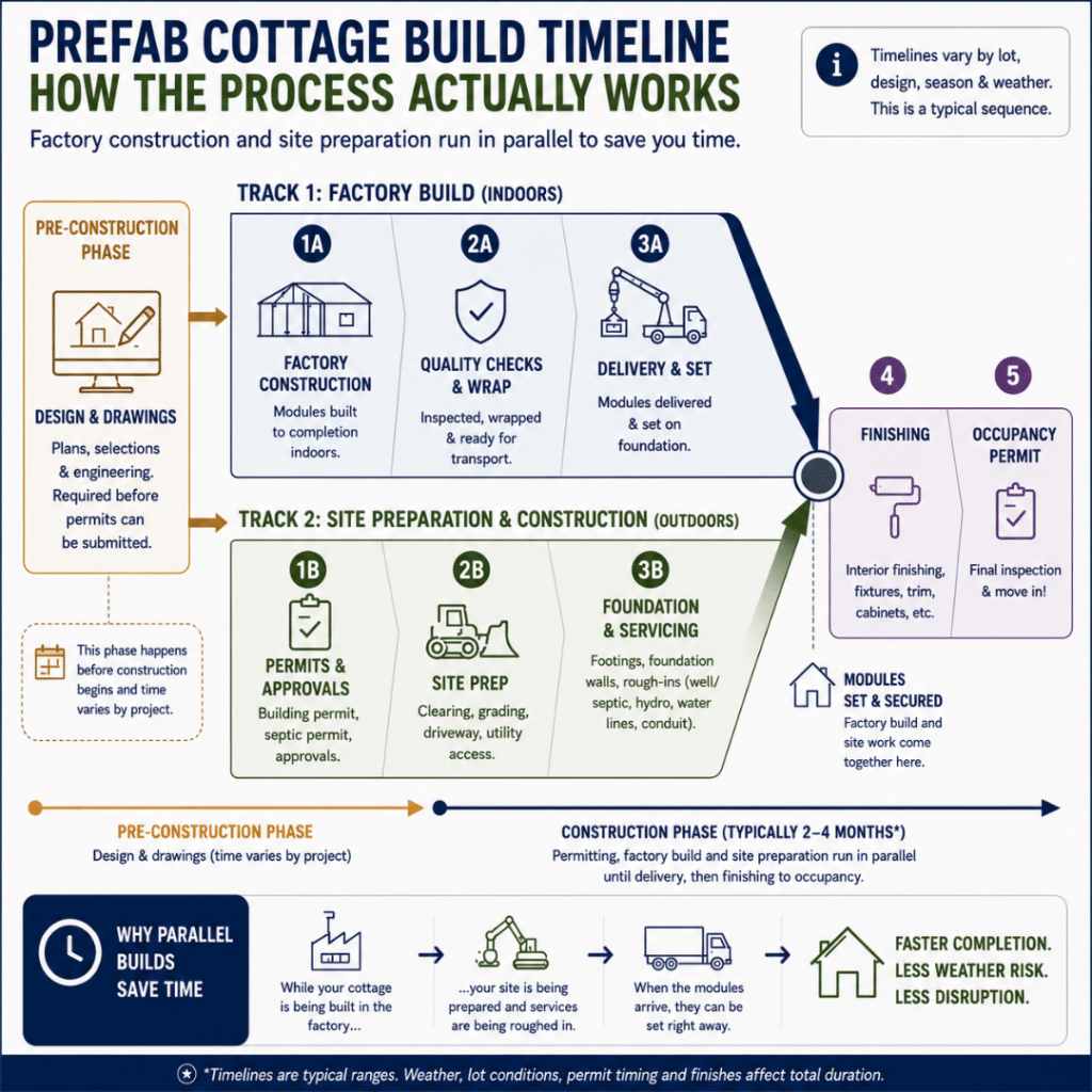 Prefab cottages Grimsby build timeline infographic showing design, factory construction and site preparation running in parallel before delivery, finishing and occupancy.