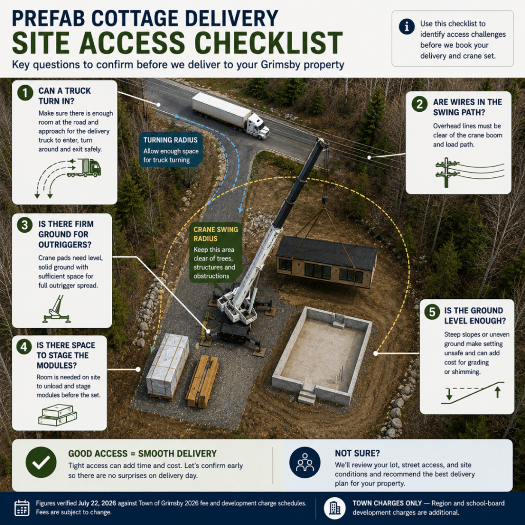 Prefab cottages Grimsby site access checklist showing delivery requirements including truck turning radius, overhead wires, crane setup area, module staging space, foundation access and site grade for a prefab cottage installation.