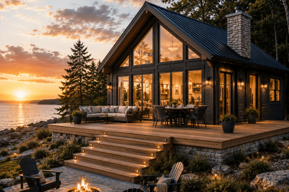 Prefab cottages Sarnia: completed modern prefab cottage on a permanent foundation overlooking Lake Huron in Southwestern Ontario, showing a finished year-round home on a real lot.
