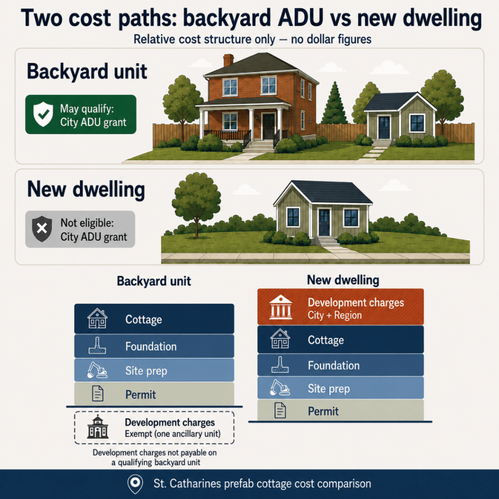 Prefab cottages St. Catharines cost comparison showing a backyard ADU with exempt development charges versus a new dwelling with City and Region charges