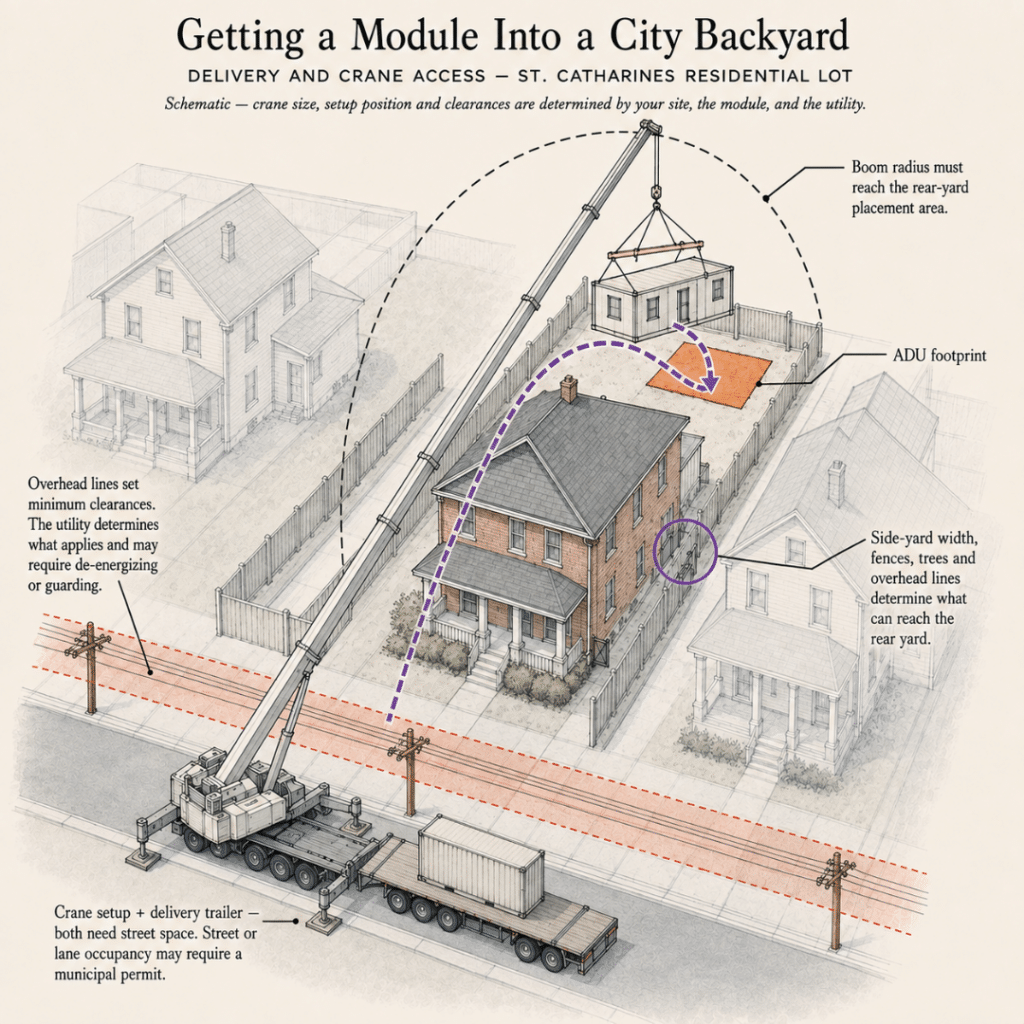 Prefab cottages St. Catharines delivery schematic showing a crane lifting a module over a house into a rear-yard ADU footprint
