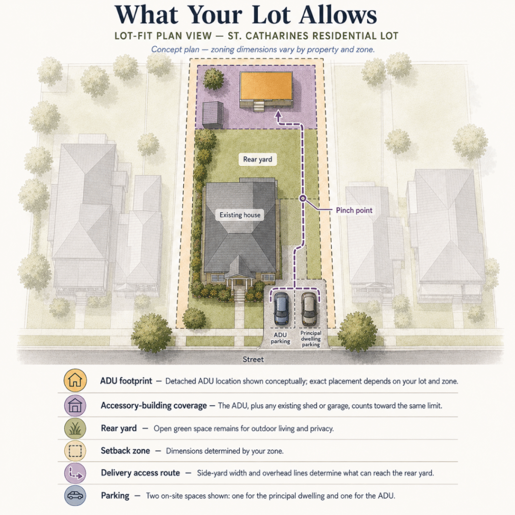 Prefab cottages St. Catharines lot plan showing ADU placement, setbacks, parking, accessory coverage and delivery access