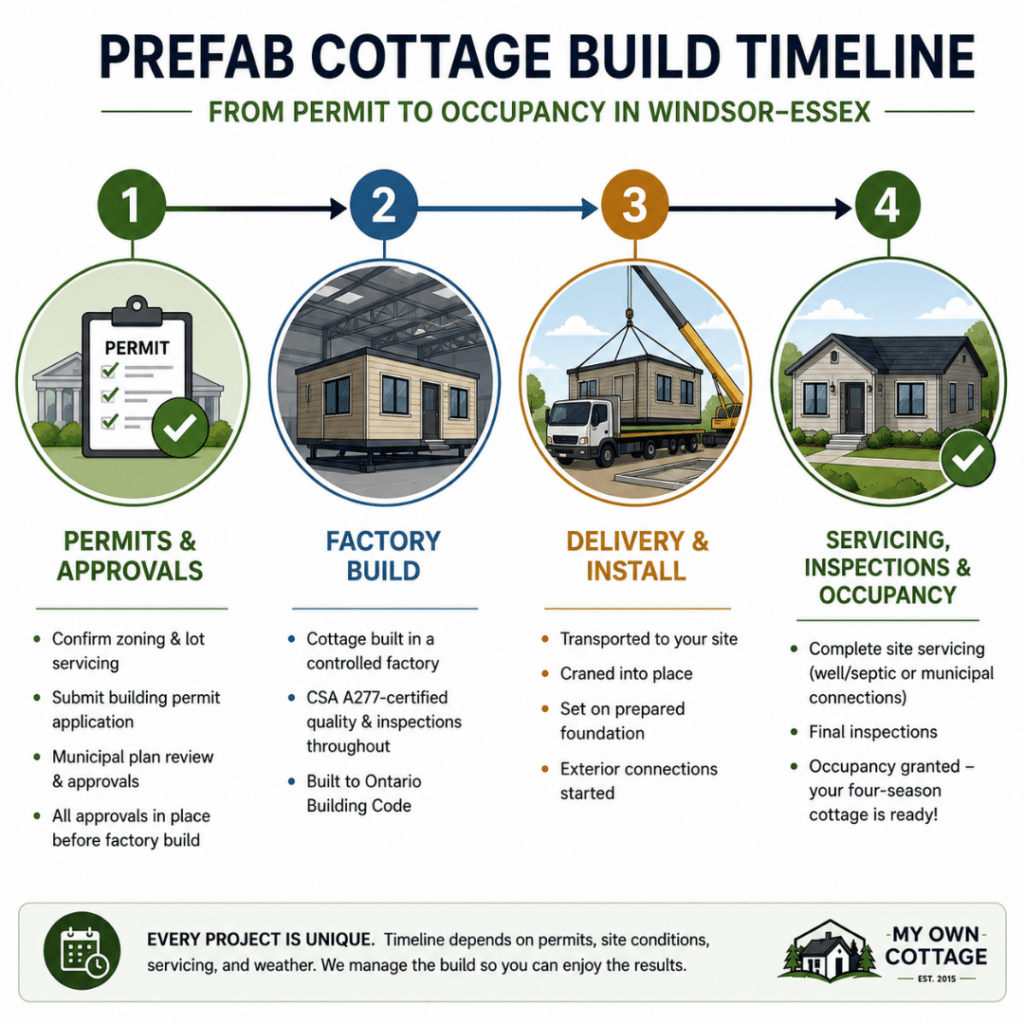 Prefab cottages Windsor build timeline infographic showing the four stages of a modular cottage project: permits and approvals, factory construction, delivery and installation, and servicing, inspections, and occupancy
