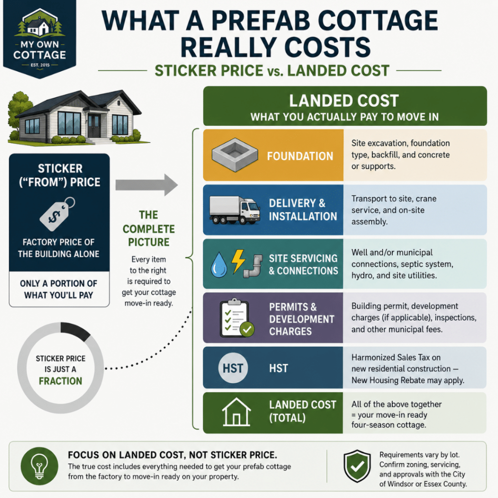 Prefab cottages Windsor infographic showing the difference between factory price and landed cost, including foundation, delivery and installation, site servicing, permits, HST, and total project cost