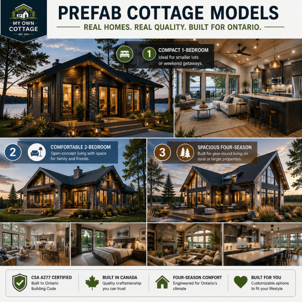 Prefab cottages Windsor showcasing compact, two-bedroom, and spacious four-season modular cottage models with modern exteriors and bright open-concept interiors