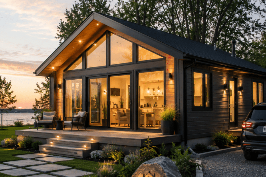Prefab cottages Windsor featuring a modern four-season modular cottage on a permanent foundation with contemporary architecture and waterfront views in Windsor-Essex, Ontario