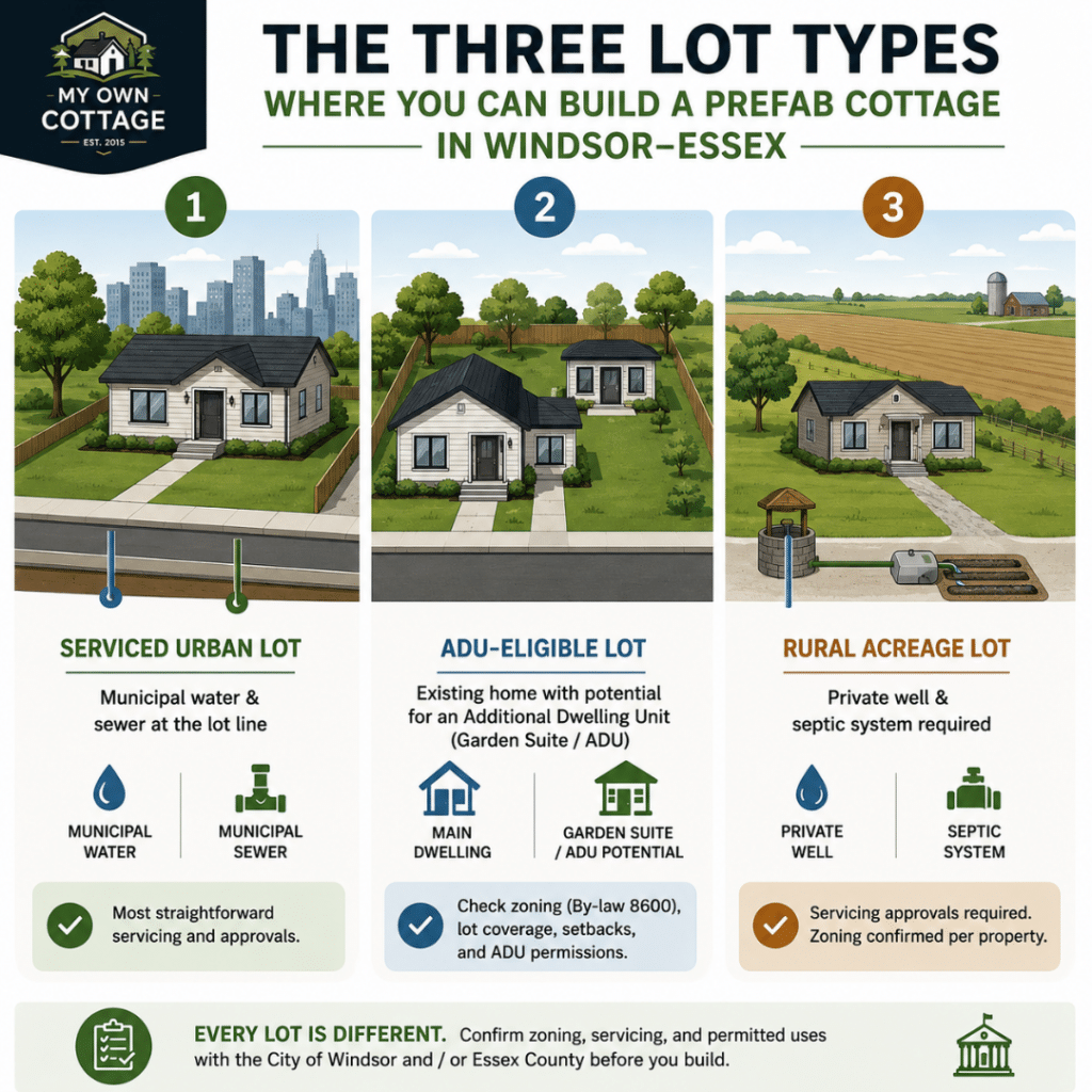 Prefab cottages Windsor infographic comparing three common lot types: serviced urban lot with municipal water and sewer, ADU-eligible residential lot, and rural acreage with a private well and septic system