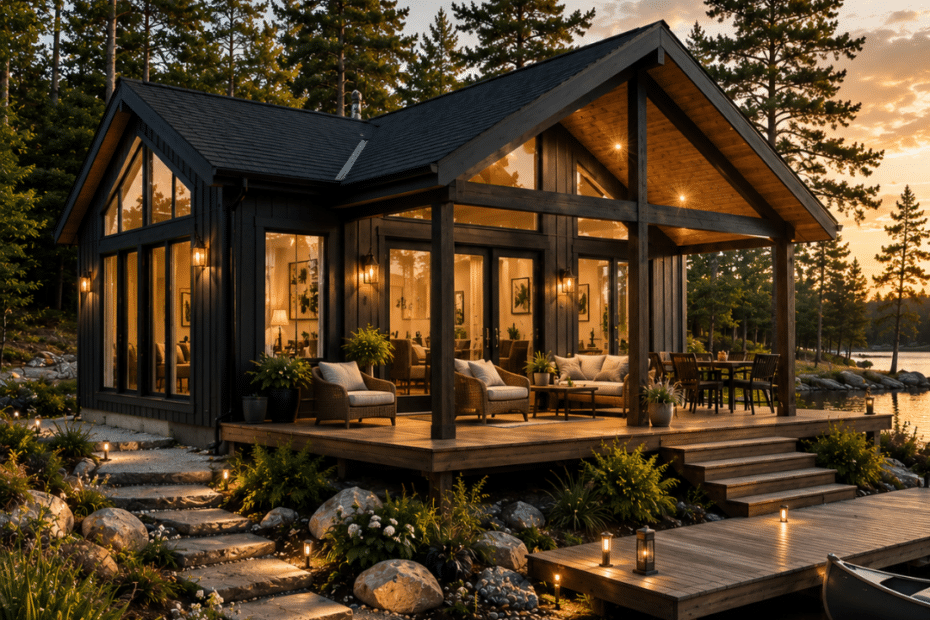 2-Bedroom Prefab Cottage Plans featuring a modern four-season cottage with covered porch, large windows, and lakefront setting in Ontario cottage country.