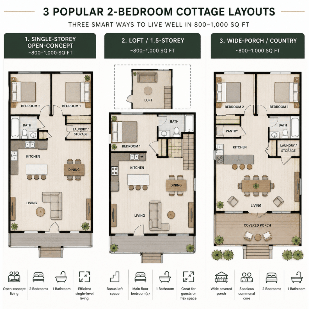 2-Bedroom Prefab Cottage Plans comparison showing single-storey open-concept, loft-style, and wide-porch cottage floor plan layouts between 800 and 1,000 square feet.