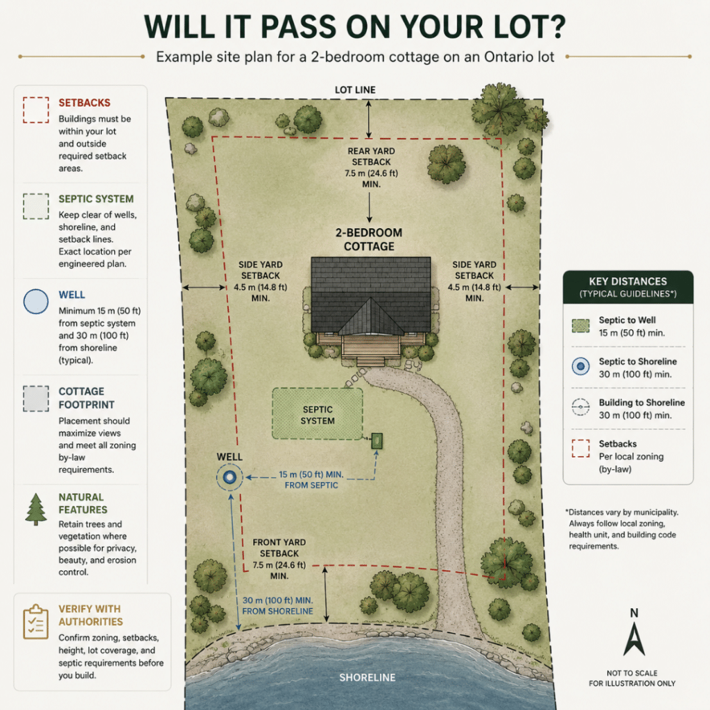 2-Bedroom Prefab Cottage Plans site plan showing cottage placement, setbacks, septic system, well location, shoreline setbacks, and lot requirements on an Ontario property.