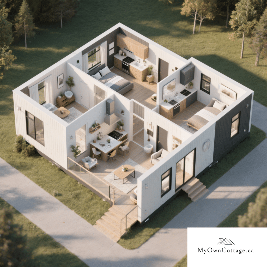 3D floor plan render of a modular home layout in Sudbury, Ontario showing customizable rooms and design options