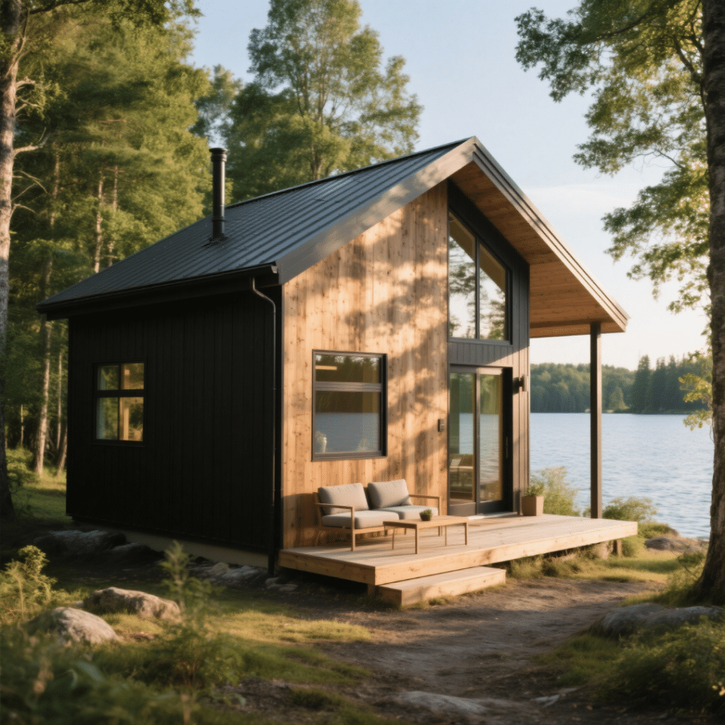 Rustic 640 sq ft prefab tiny home on the waterfront near Parry Sound, Ontario.