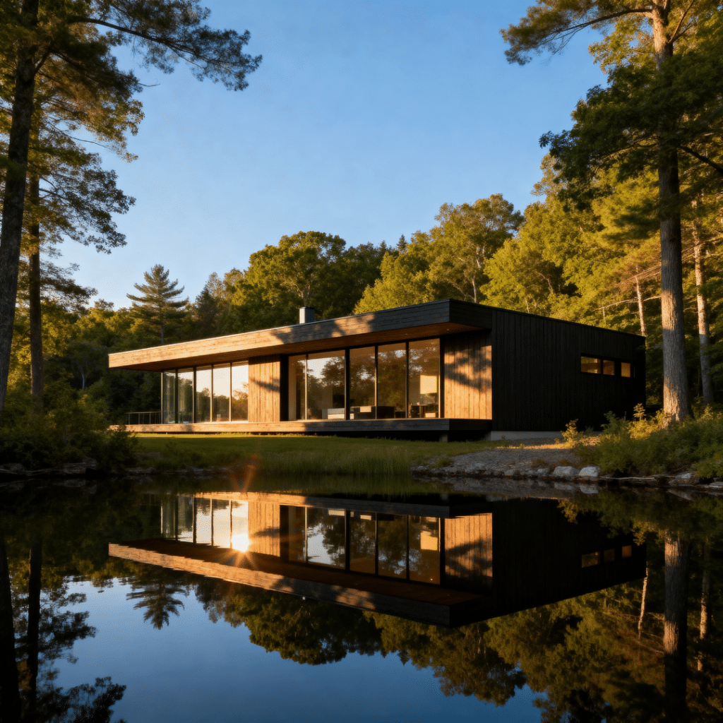 Affordable eco-friendly single-storey prefab home near the Scugog waterfront, surrounded by trees and nature.