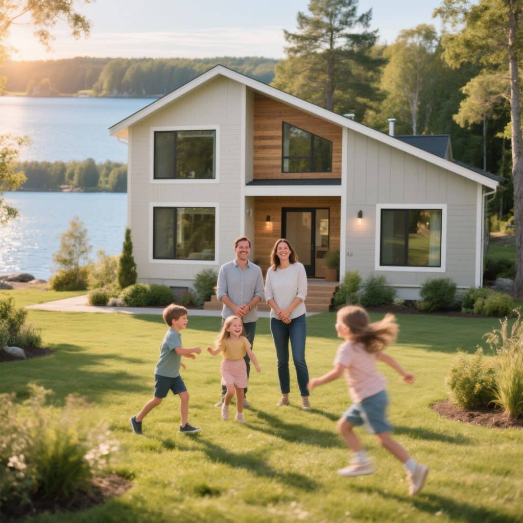 Young family standing proudly in front of their affordable 950 sq ft prefab cottage near Lake Muskoka, designed for weekend getaways and summer rentals.