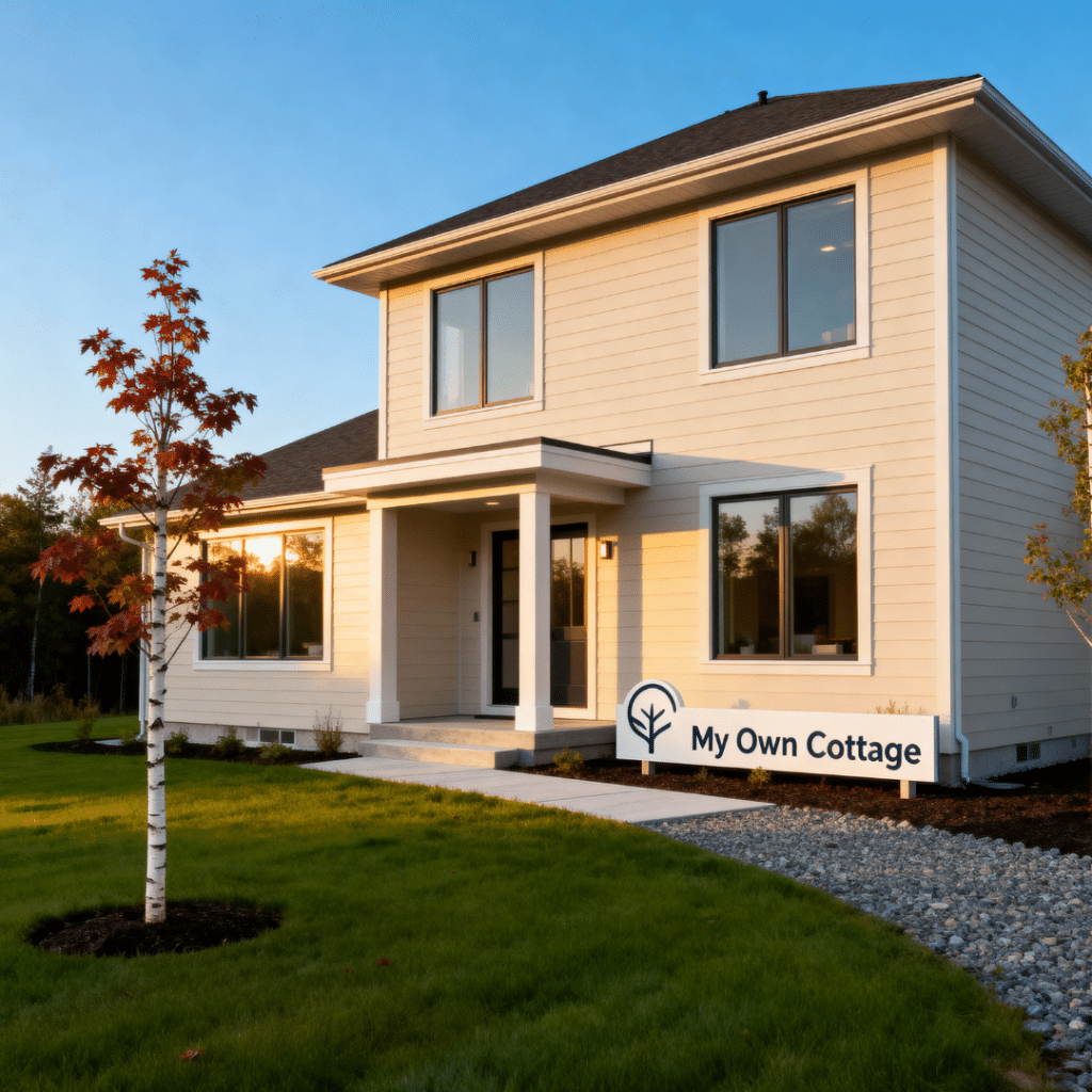 Affordable prefab home in Aurora, Ontario with energy-efficient windows and modern beige exterior built by My Own Cottage