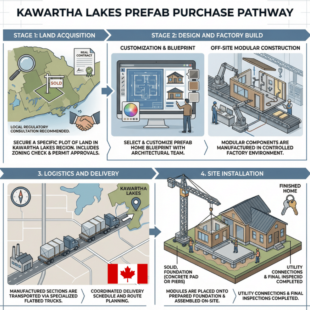 Are prefab homes for sale in Kawartha Lakes, showing the custom build process from land purchase to factory construction and installation