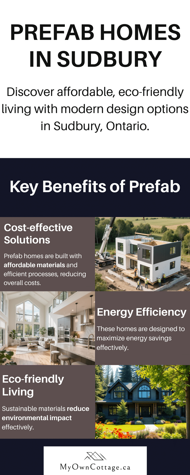 Infographic showing the top benefits of prefab homes in Sudbury, Ontario, including cost savings, faster build times, energy efficiency, quality construction, and durability for Northern Ontario climates.