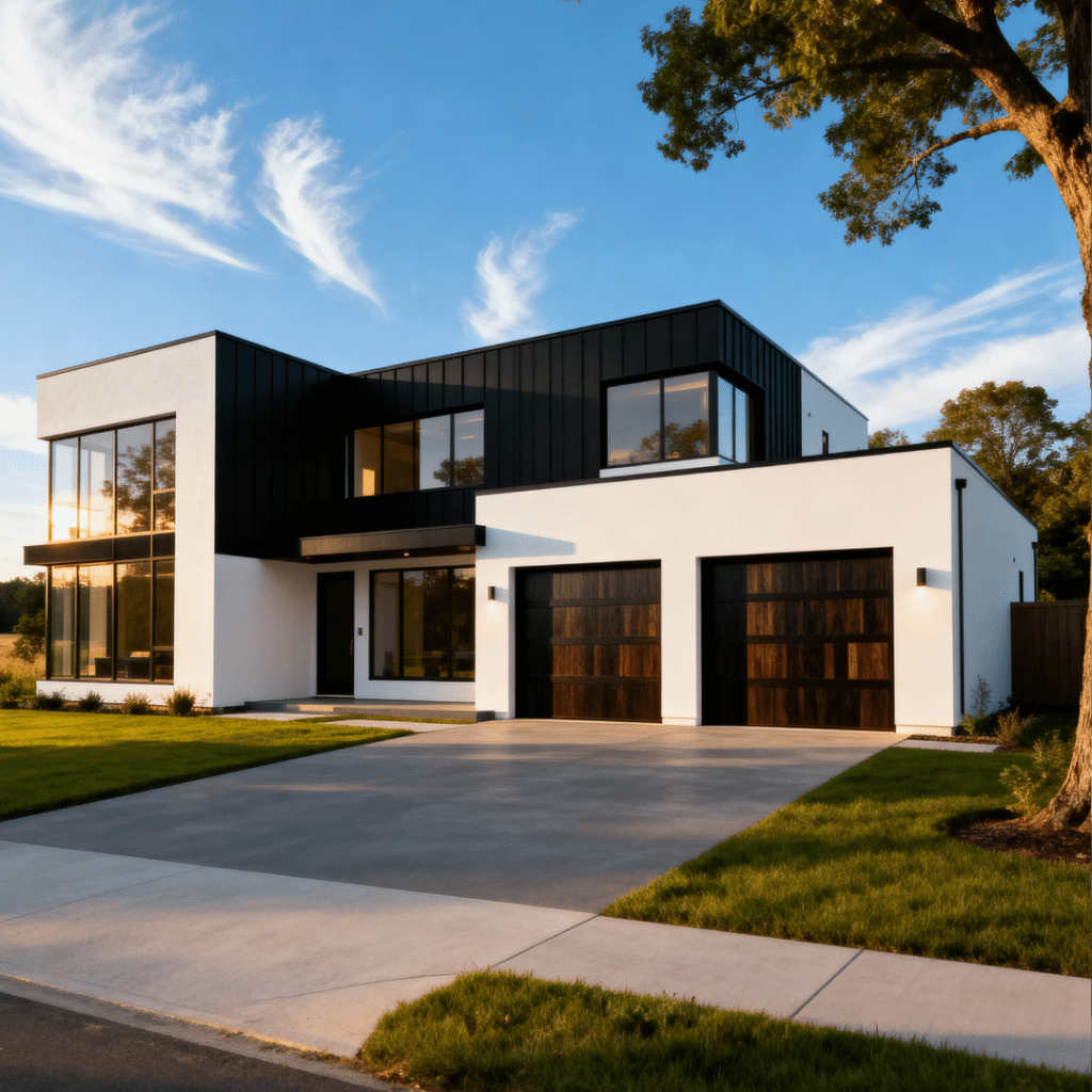 Beautiful luxury prefab home exterior with garage under clear blue sky in Aurora, Ontario built by My Own Cottage
