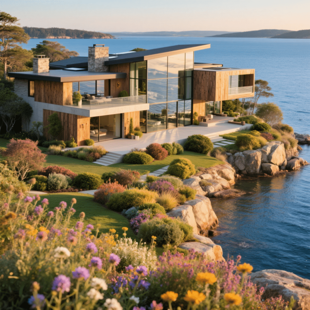 Luxury prefab home on the waterfront in Midland, Ontario with a vibrant garden and modern energy-efficient design.