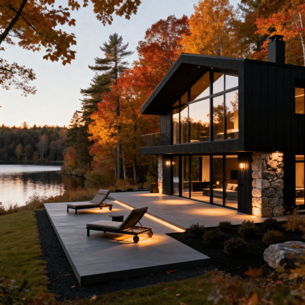 Black modern prefab vacation home on a rural lot near Lake Scugog with floor-to-ceiling windows and autumn trees.