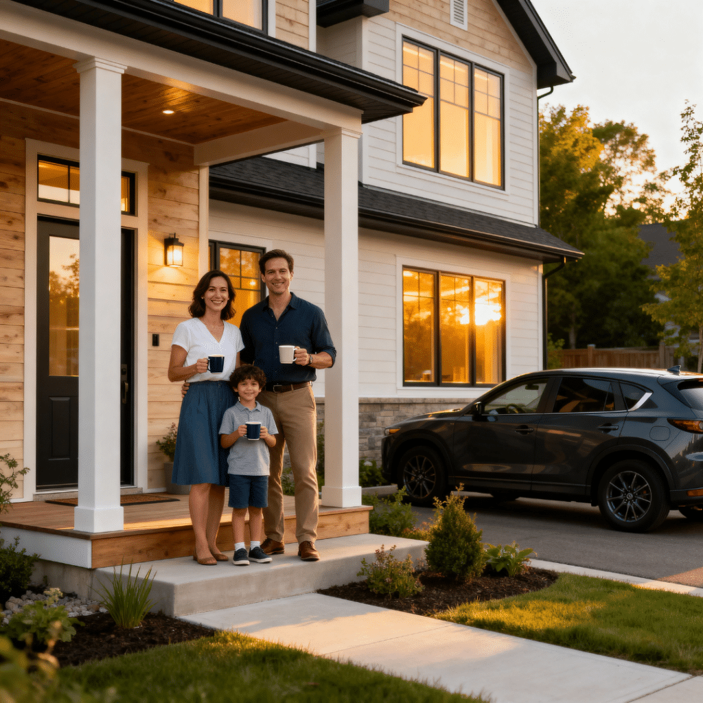 The Carter family smiling on the porch of their modern modular prefab home in Newmarket, Ontario, with solar panels, an electric car, and autumn leaves in the yard.