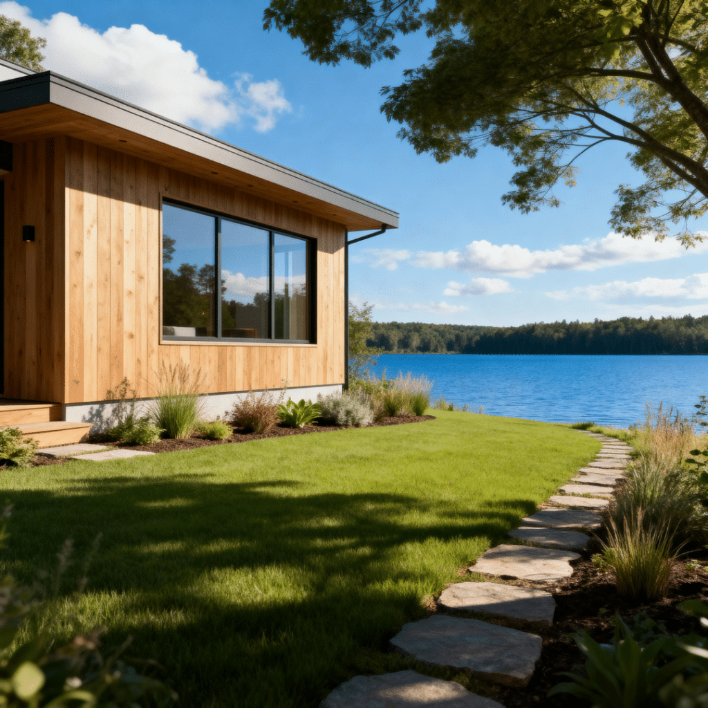 Affordable small prefab home in Orillia, Ontario, built by My Own Cottage Inc.—a stylish lakeside dwelling that minimizes labour costs, material waste, and construction delays.