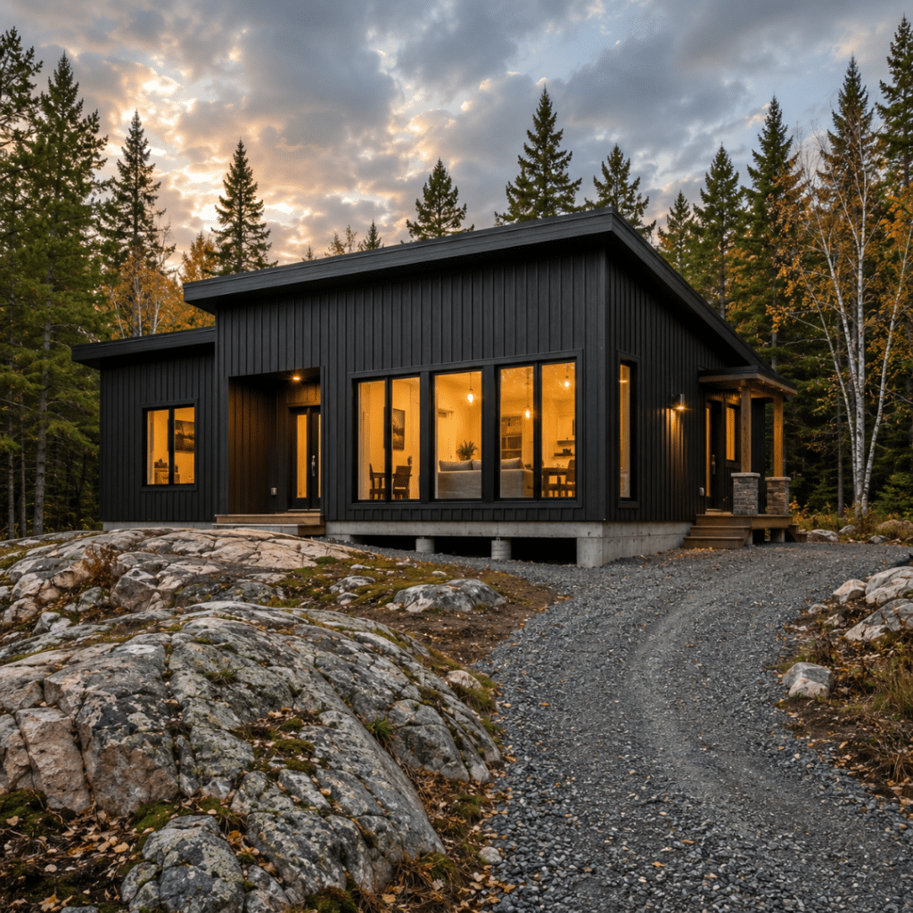 Completed modular home in Sudbury Ontario built by My Own Cottage on a Northern Ontario lot with Canadian Shield rock, boreal forest, permanent foundation, and modern dark-clad exterior.