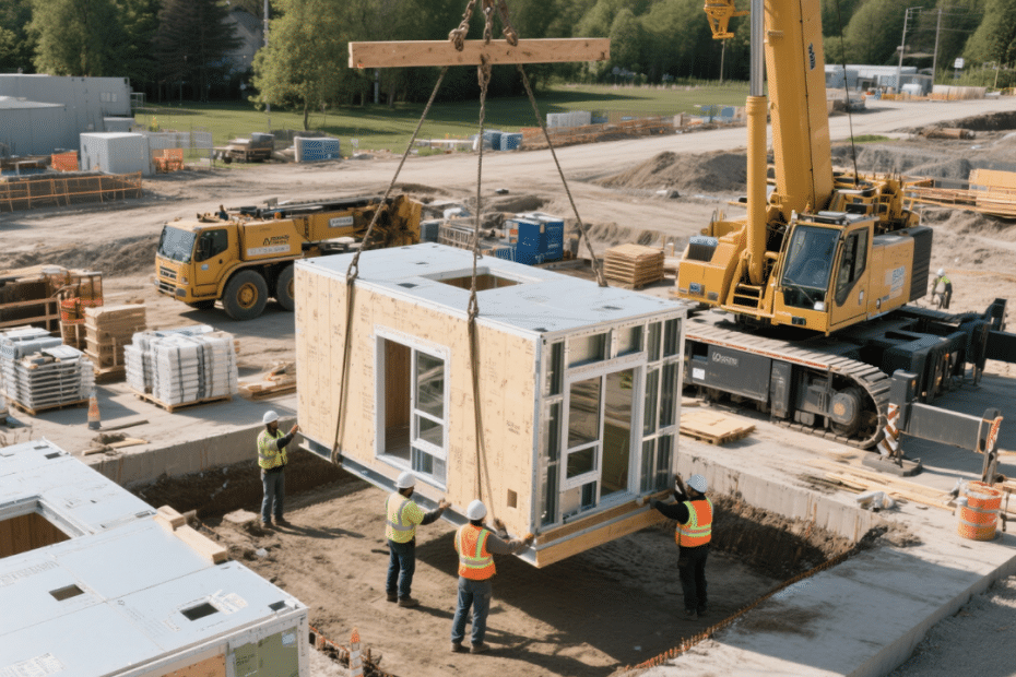 Crane lowering a prefabricated modular building block onto a foundation at an Ontario construction site with workers guiding the assembly.