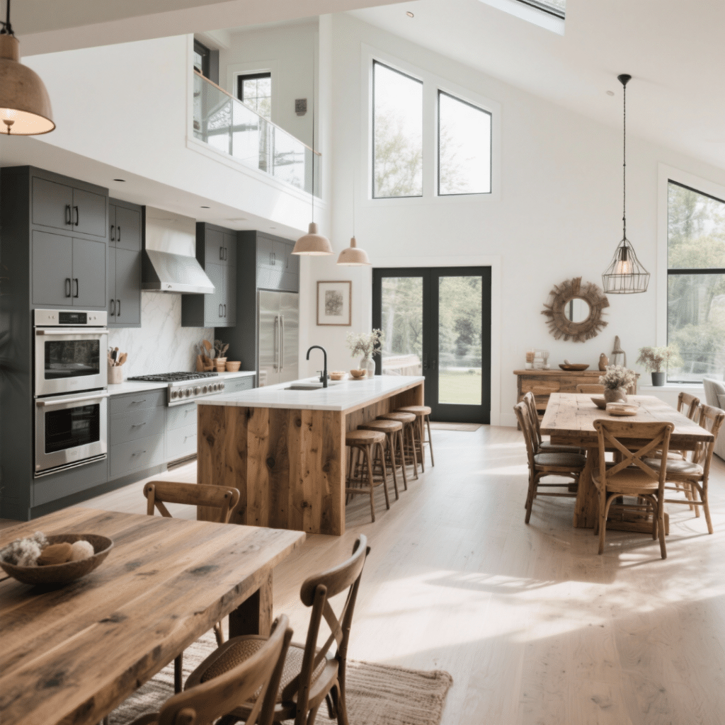Bright open-concept home interior with a modern custom kitchen and rustic dining area featuring warm wood accents