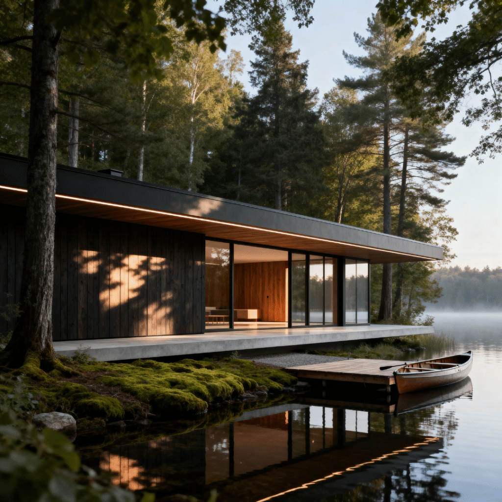 Stylish eco-friendly prefab bungalow on the Scugog waterfront with modern design and sustainable features.
