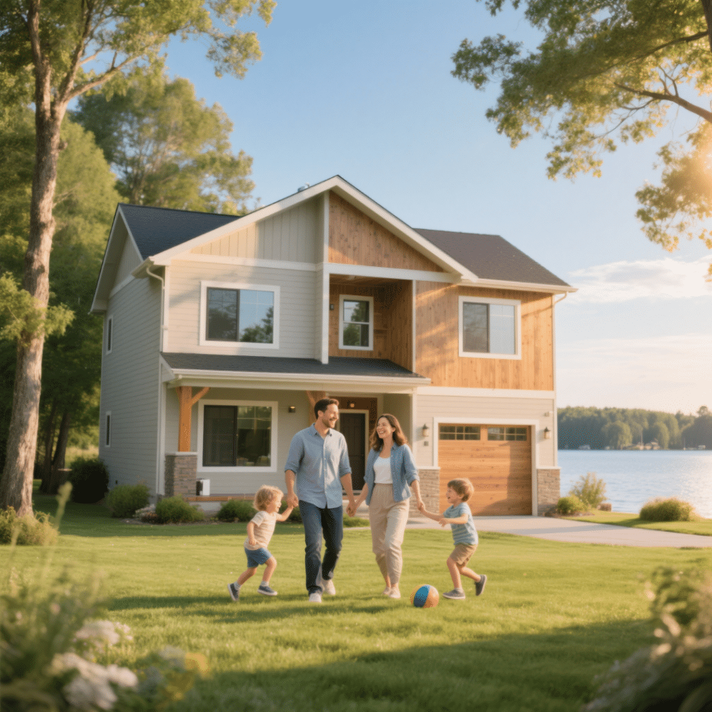 Happy family of four in front of a 1,400 sq ft modern prefab home near a lake in Haliburton, Ontario with children playing on the lawn