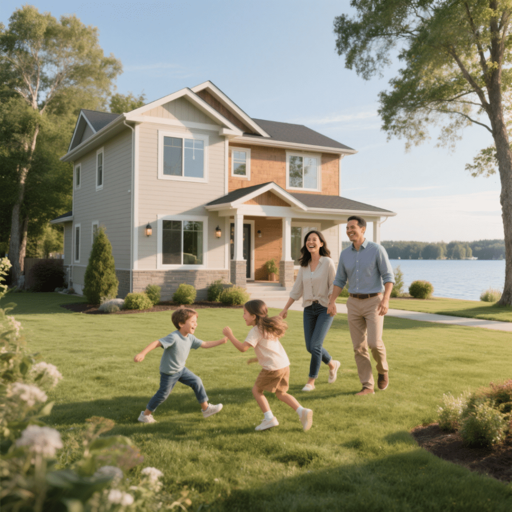 Happy family in front of their modern prefab home in Midland, Ontario, holding keys with children playing on the lawn.