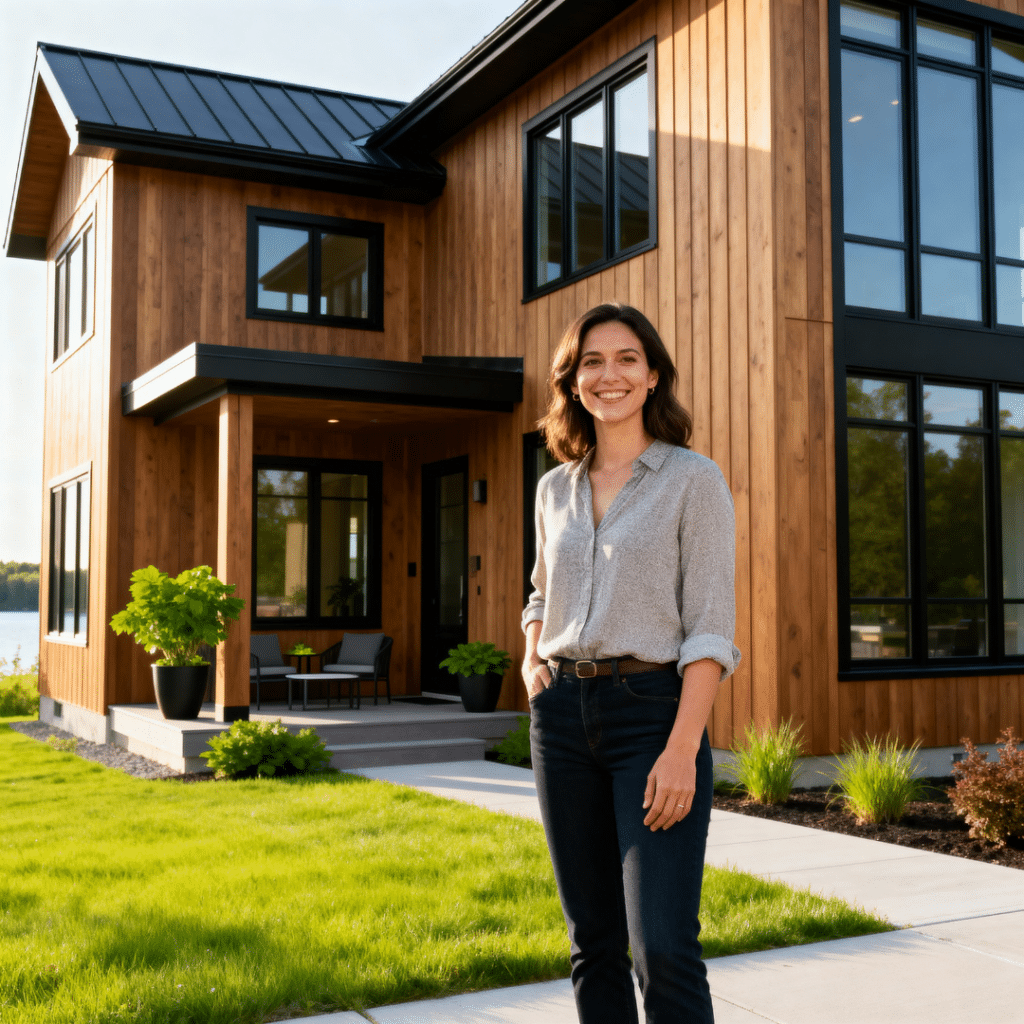 Smiling woman in front of a modern prefab home in Scugog, symbolizing first-time buyer success.