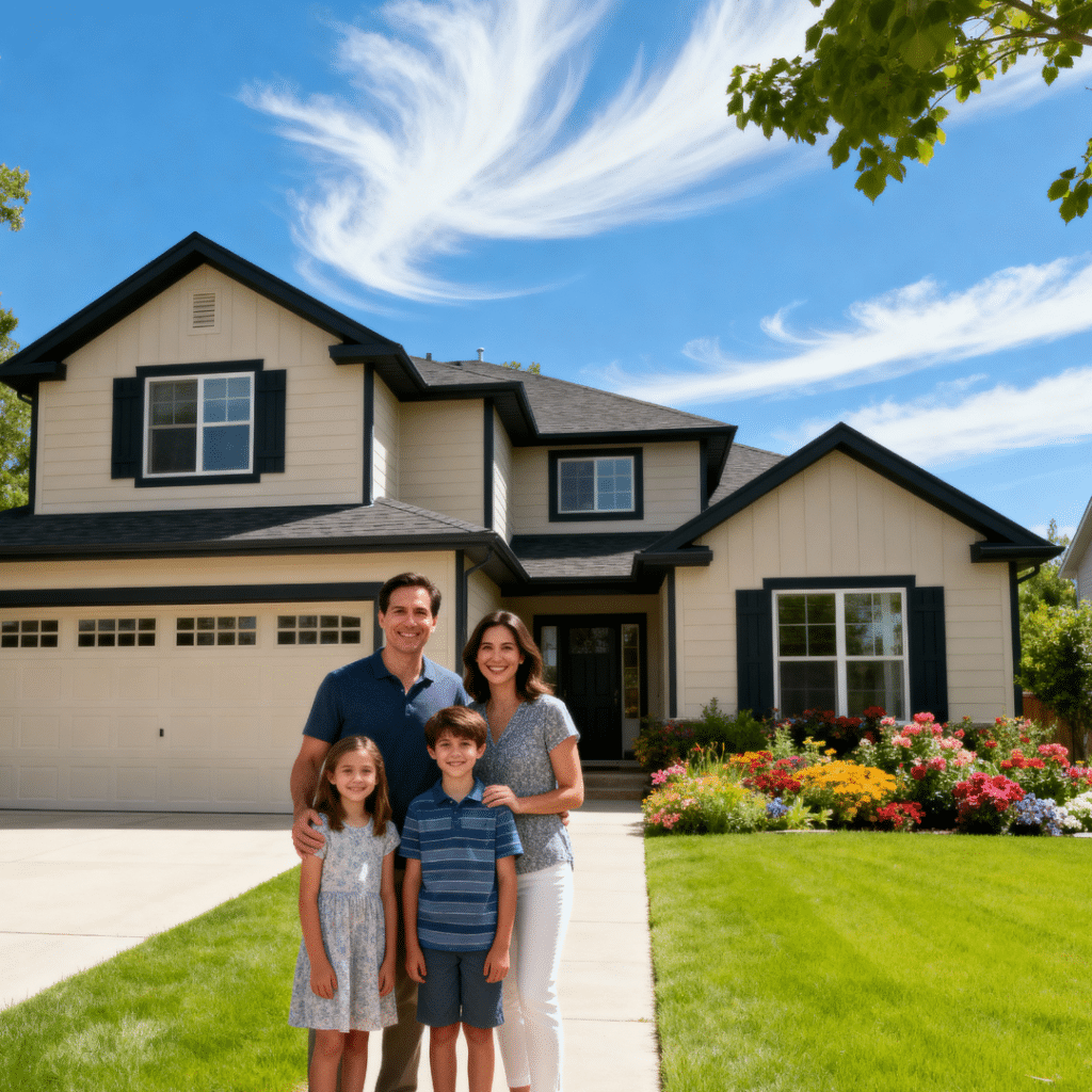 Happy family smiling in front of a modern prefab suburban home with garage in Midland, Ontario under blue summer skies.
