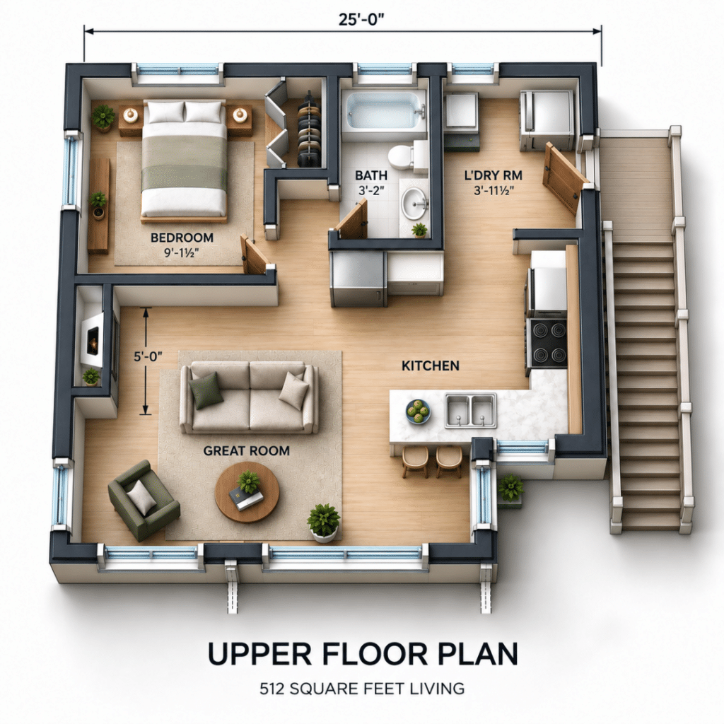 Haven Upper Floor Plan showing the bedroom, bath, laundry room, kitchen, great room, exterior stairs, and labelled upper-level layout