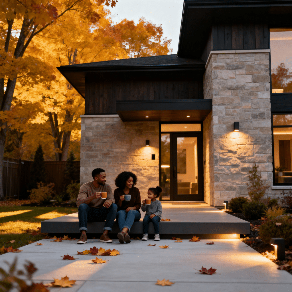Luxury home in Newmarket, Ontario with golden autumn trees, family enjoying coffee on front patio, fallen maple leaves, and warm evening light.