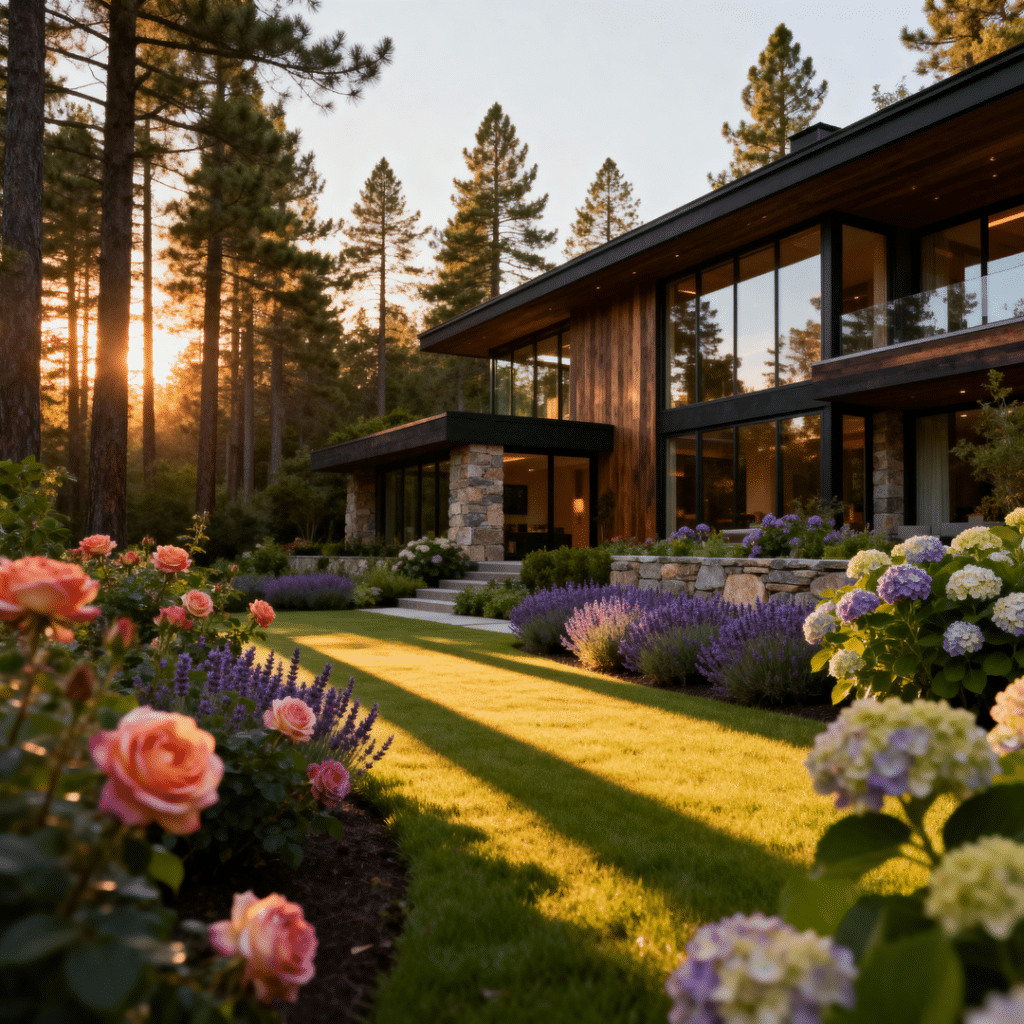 Luxurious modern prefab home exterior with cedar and metal cladding, set in an Ontario forest with a pristine landscaped garden and golden-hour lighting.