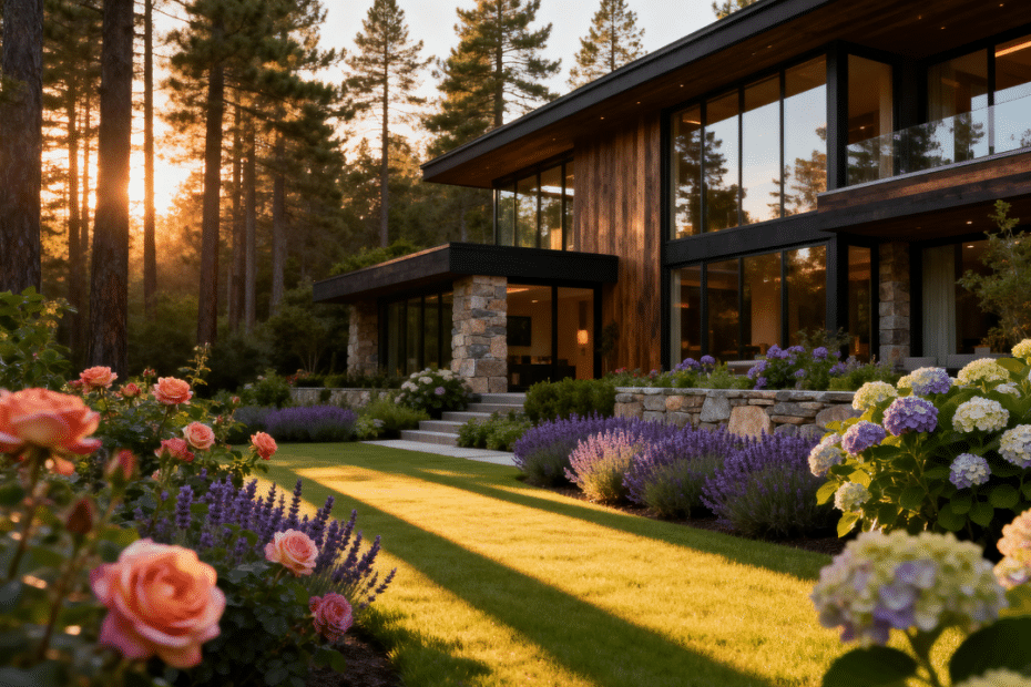 Luxurious modern prefab home exterior with cedar and metal cladding, set in an Ontario forest with a pristine landscaped garden and golden-hour lighting.