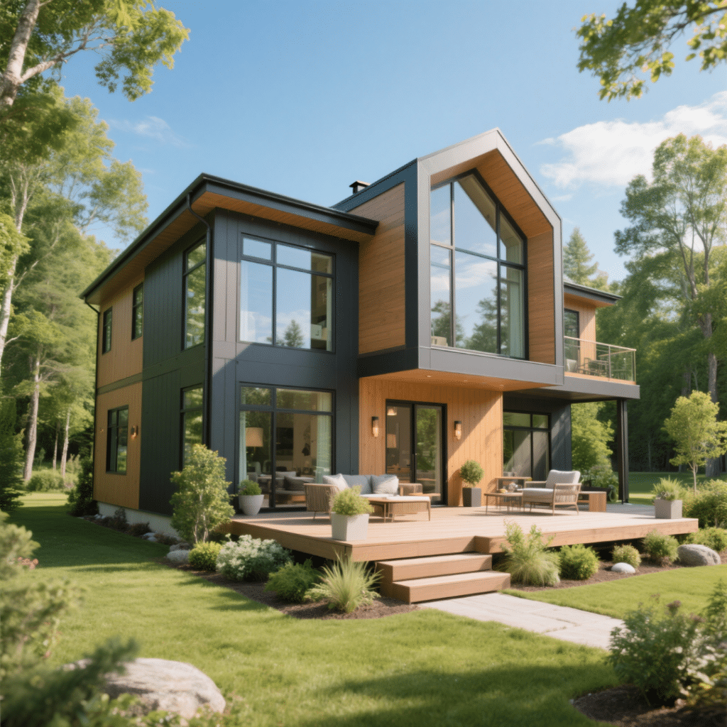 Luxury modern prefab home in Sudbury with modular design, floor-to-ceiling windows, and summer landscape setting.