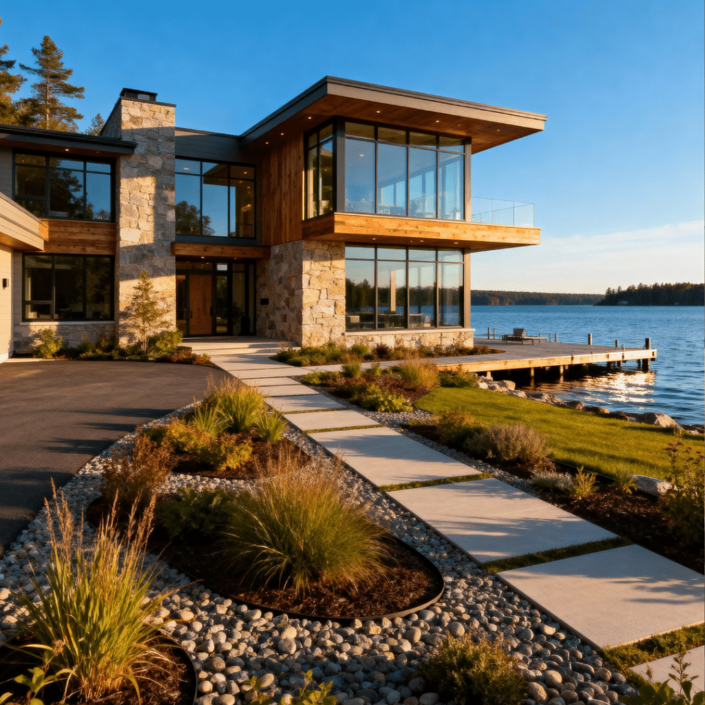 Luxury modern prefab home with stylish exterior and waterfront views in Gravenhurst, Muskoka, Ontario.