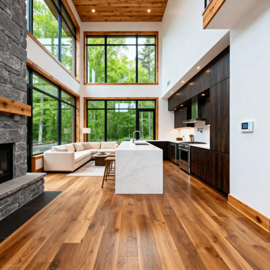 Luxury prefab home interior in Aurora, Ontario with high ceilings, full-height windows, and elegant modern design by My Own Cottage