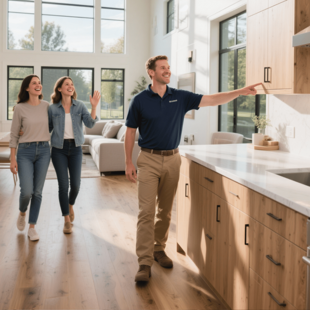 Luxury prefab home interior in Haliburton with open-concept kitchen, dining, and living room as a builder walks a smiling couple through their new home