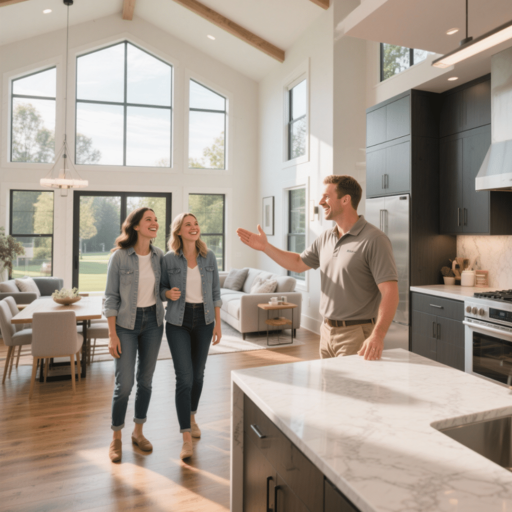 Luxury prefab home interior in Midland, Ontario with a builder guiding a couple through the final walkthrough before handover.