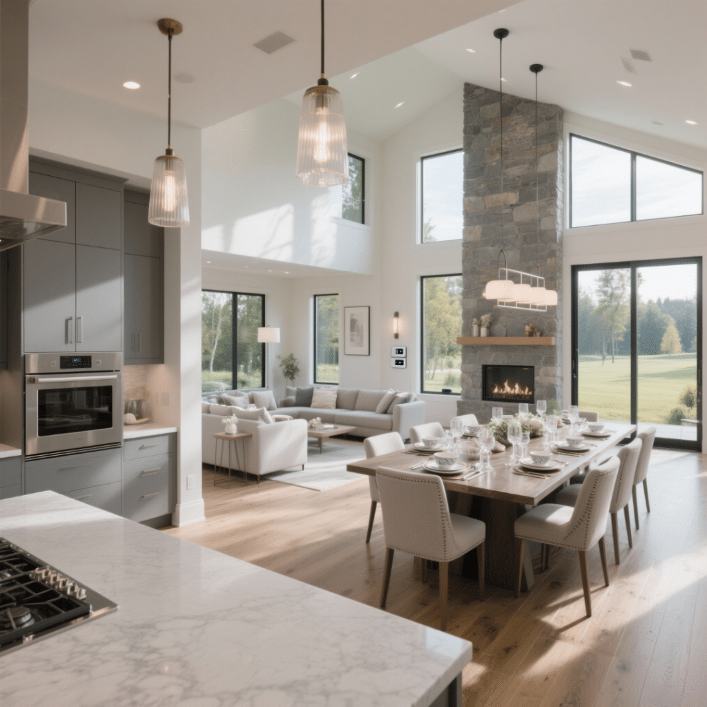 Luxury prefab home interior in Midland, Ontario with open-concept kitchen, dining room, living room, and smart home features.