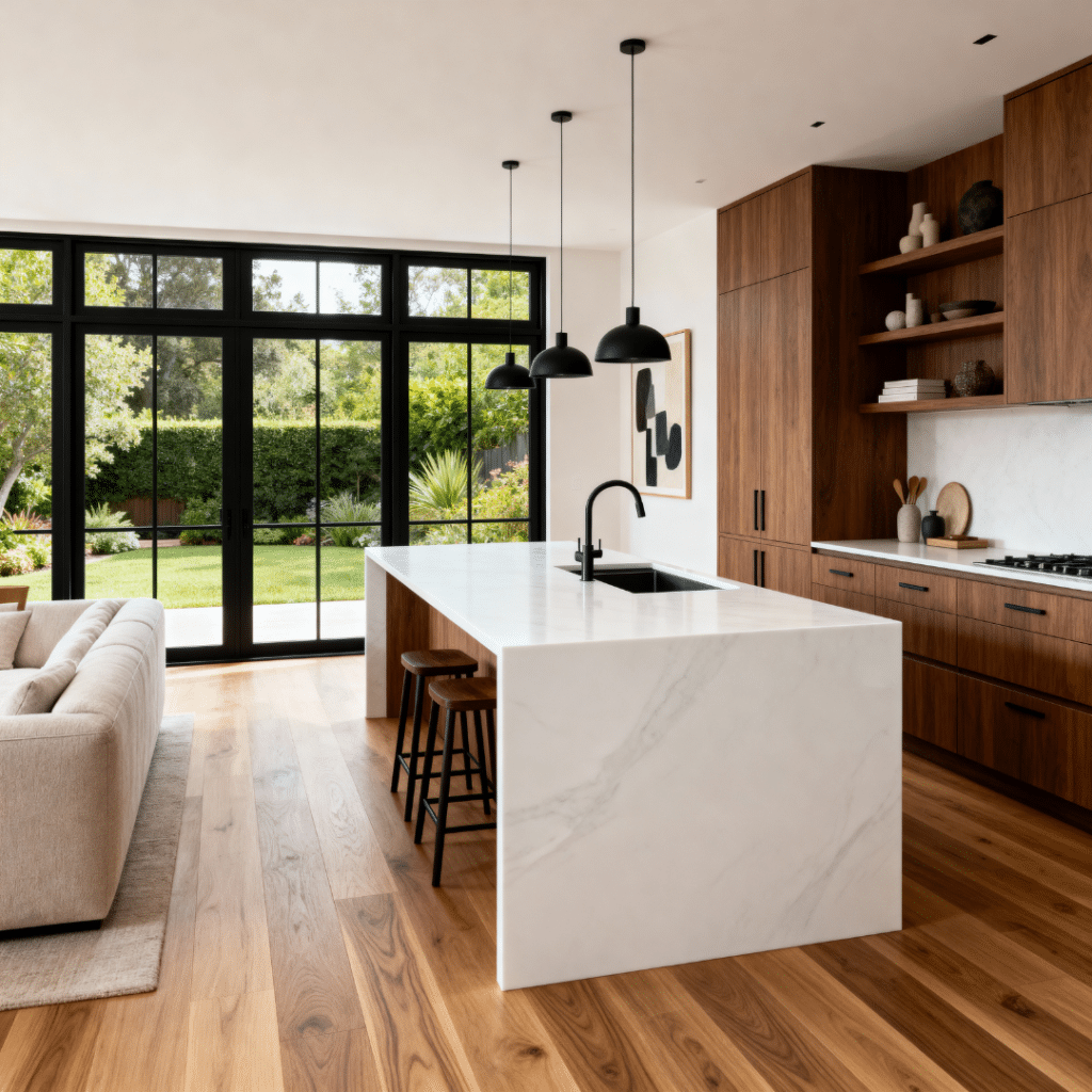 Open-concept interior of a luxury prefab home with custom finishes, reflecting modern living in Scugog communities.