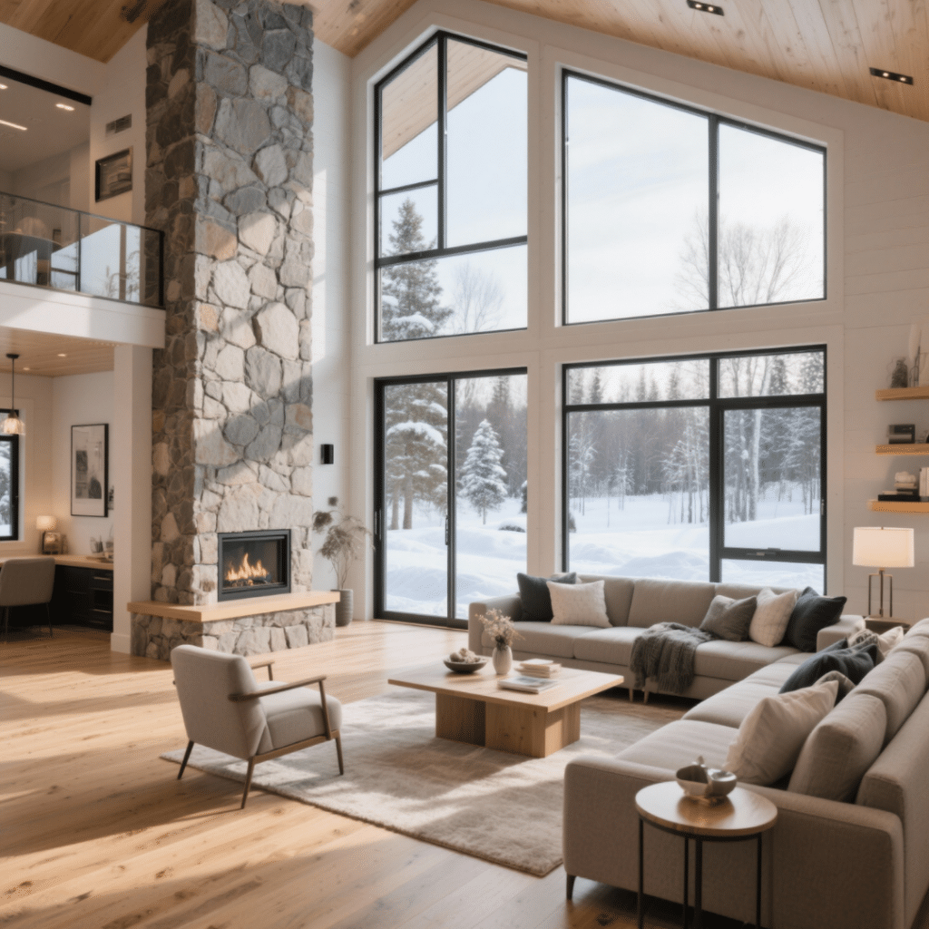Luxury prefab home interior in Sudbury with modern open-concept living room, triple-glazed windows showing snowy outdoors, hardwood floors, stone fireplace, and energy-efficient features including R60 attic insulation, R24 wall insulation, high-efficiency HVAC, smart thermostat, and water heater.