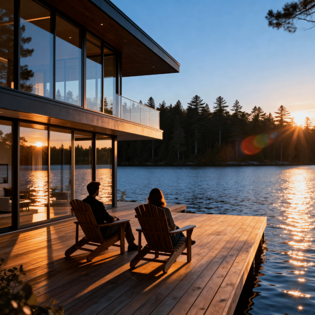 Executive couple relaxing on the deck of a modern luxury prefab home with floor-to-ceiling windows on Lake Muskoka at sunset.