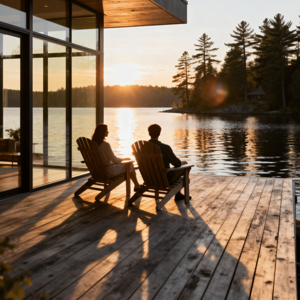 Modern luxury prefab home on Lake Scugog at sunset with a couple relaxing on the deck, showcasing stylish design and tranquil setting.