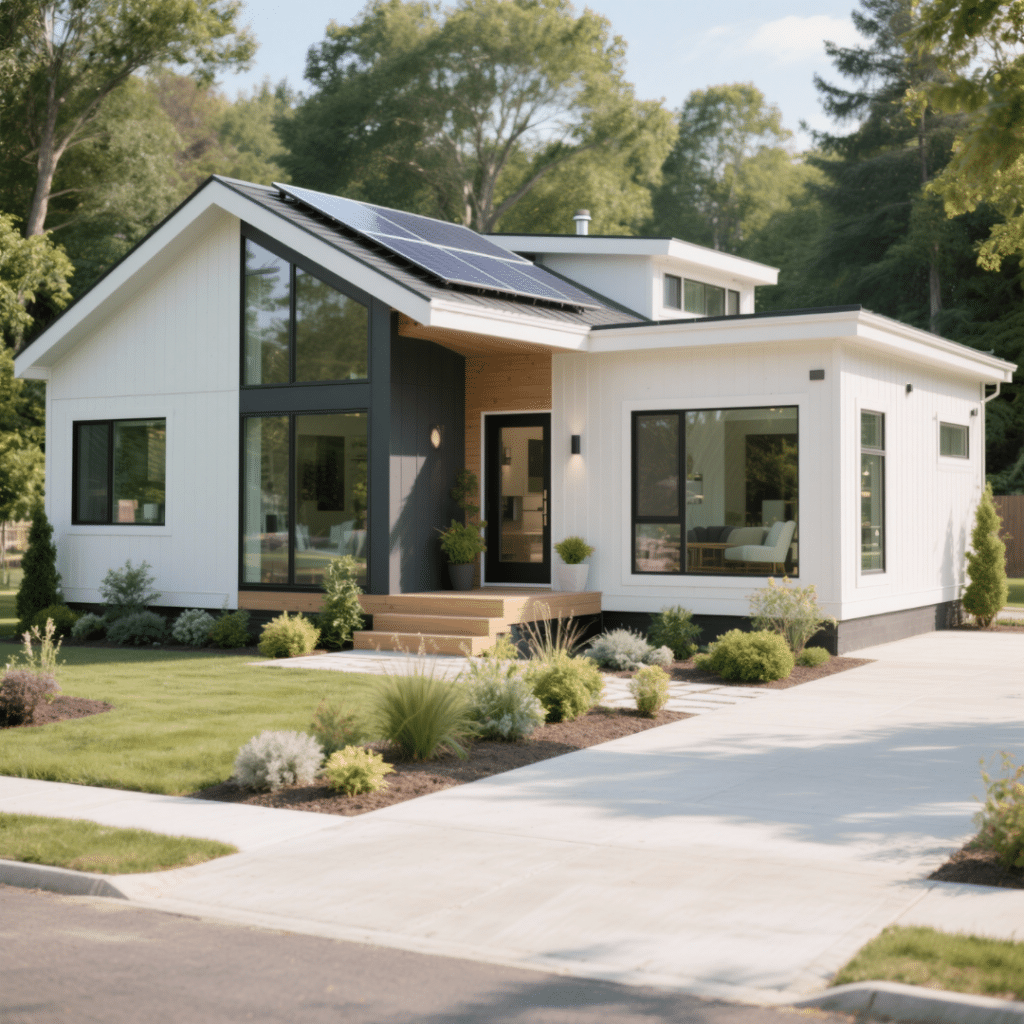 Luxury prefab modular home in Ontario with solar panels, large windows, and sustainable landscaping, built using modern off-site construction methods.