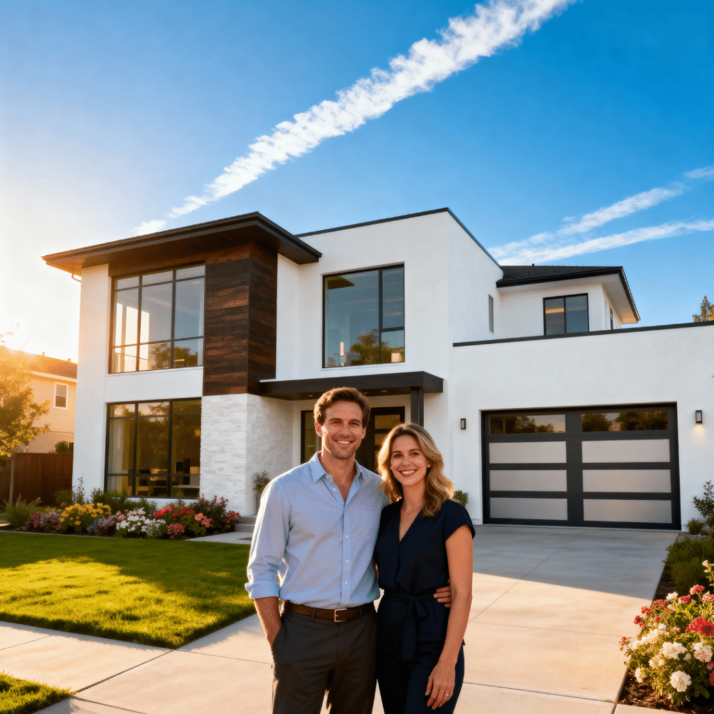 Happy homeowners in front of their modern, affordable prefab home in Orillia, Ontario, built by My Own Cottage Inc.—a stylish, energy-efficient modular home designed for families, retirees, and lakefront living.